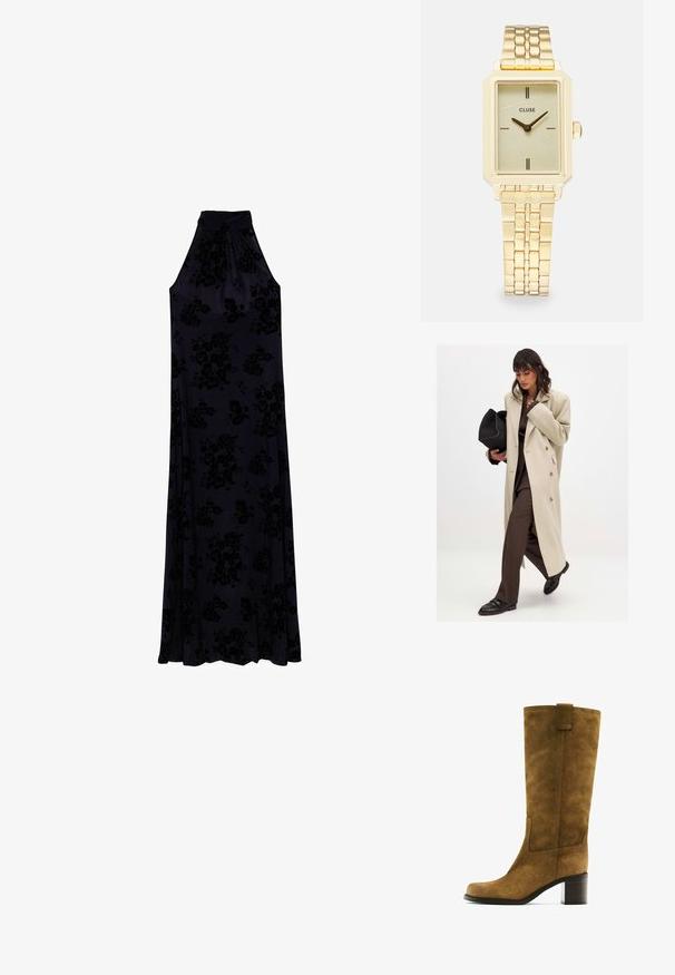 Beige dubbelknäppt kappa med guldfärgade knappar, kombinerad med en brun kostym och svarta platta skor; håller en svart clutchväska.; Lång klänning med halterneck i mörk marinblått tyg med ett strukturerat blommönster. Flödar mjukt från en figurnära bodice till en full kjol.; Brun mockaskinn knähög stövel med fyrkantig tå och blockklack. Har sidopanel och dragloop högst upp för enkel påtagning.; Vävd beige tote-väska med en avslappnad design och ett enda axelband. Har ett texturerat mönster över hela ytan.; Gul rektangulär armbandsur med en texturerad ljusgrön urtavla, två svarta timmarstöd, ett guldfärgat metallarmband och en minimalistisk design.