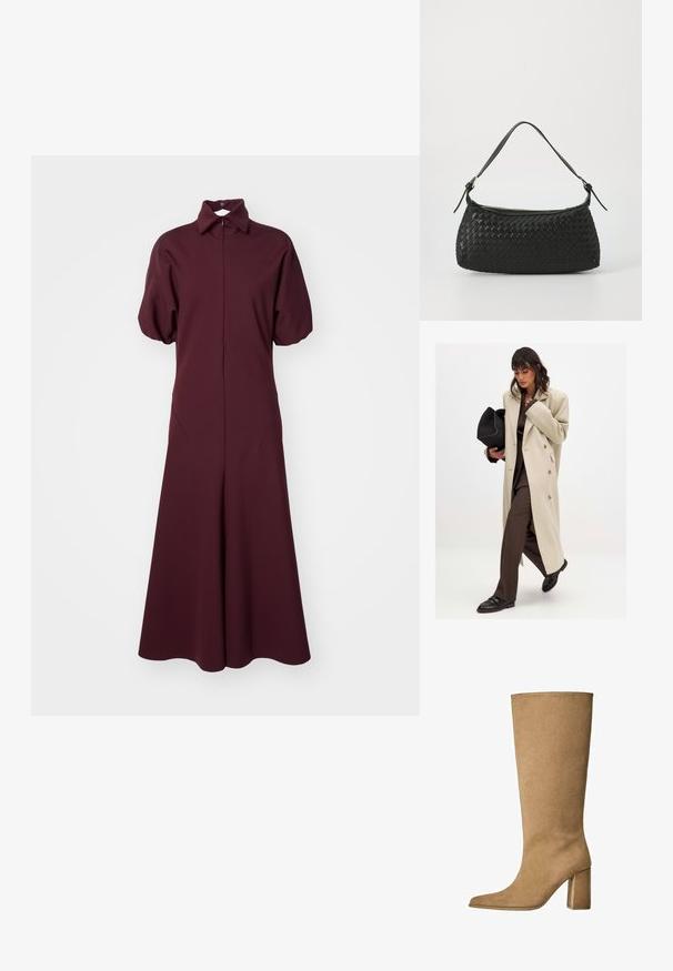 Beige kaksirivinen takki, jossa on kultaiset napit, yhdistetty ruskeaan pukuun ja mustiin tasapohjaisiin kenkiin; pitää mustaa laukkuclutchia.; Burgundin pitkä mekko, jossa on kauluksellinen pääntie, lyhyet puffihihat ja täysipitkä hame. Valmistettu sileästä kankaasta, jossa on hieno kiilto.; Vaaleanruskeat mokka pitkävartiset saappaat, joissa on loiva korko, terävä kärki ja sileä pinta. Minimalistinen muotoilu ilman koristeita.; Mustan kudotun olkalaukun, jossa on sileä nahkahihna ja vetoketjukiinnitys. Mahdollistaa teksturoituneen pinnan ja kaarevan muodon.