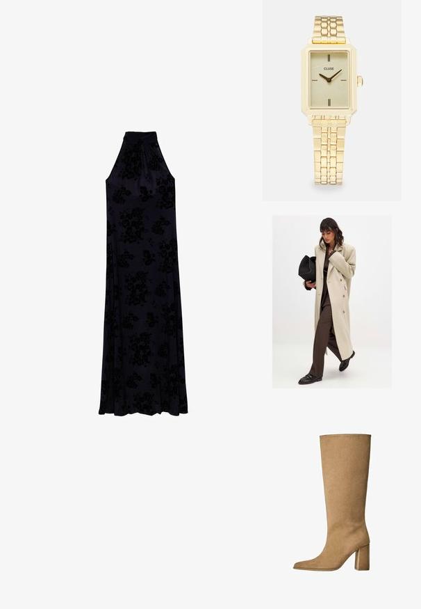 Béžový dvojradový kabát so zlatými gombíkmi, kombinovaný s hnedým oblekom a čiernymi plochými topánkami; drží čiernu kabelku.; Dlhé šaty s halter výstrihom v tmavo námorníckej farbe s textúrovaným kvetinovým vzorom. Jemne sa rozširujú od priliehavého korzetu k plnej sukni.; Hnedé semišové čižmy po kolená s blokovým podpätkom, so špicatou špičkou a hladkou textúrou. Minimalistický dizajn bez ozdôb.; Tkaná béžová taška s uvoľneným dizajnom a jedným ramenným popruhom. Obsahuje textúrovaný vzor po celém povrchu.; Zlaté obdĺžnikové náramkové hodinky s textúrovaným svetlozeleným ciferníkom, dvoma čiernymi hodinovými značkami, zlatým kovovým náramkom a minimalistickým dizajnom.