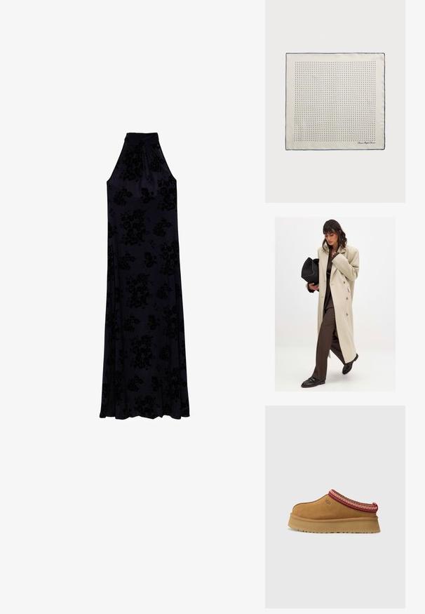 Bēšas divrindas mētelis ar zelta pogām, apvienots ar brūnu uzvalku un melniem ikdienas apaviem; rokā tur melnu rokassomu.; Garšs halter-neck kleita tumši zila auduma ar reljefu ziedu rakstu. Maigi plūst no pieguloša korpusa uz pilnu svārku.; Brūni zamšs iegriežamie apavi ar sarkanu un krēmīgu rakstu apdari, strukturētu zoli un UGG logotipu malā. Iezīmē vieglu platformas augstumu.; Zīda lakats krēmkrāsā ar tumši zilu apmali, uz tā vienmērīgi izvietotas tumši zilu punktu raksts. Autogrāfs iespiests stūrī.; Austa bežā auduma soma ar mīkstu dizainu un vienu pleca siksnu. Virsma rotāta ar teksturētu rakstu.