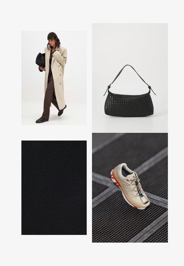 Beżowy płaszcz dwurzędowy z złotymi guzikami, w połączeniu z brązowym garniturem i czarnymi płaskimi butami; trzymając czarną kopertówkę.; Jasnoszary sweter z dzianiny z okrągłym dekoltem, opadającymi ramionami i długimi rękawami. Miła w dotyku faktura z prążkowanym dołem i mankietami.; Czarna tkanina o gładkiej powierzchni, jednolitym kolorze i subtelnym połysku, odpowiednia do różnych zastosowań i odzieży.; Beżowe buty biegowe z pomarańczowymi akcentami, zaprojektowane z teksturowaną cholewką, czarną podeszwą i wbudowanymi sznurowadłami. Zawierają logo GORE-TEX.; Czarna, pleciona torba na ramię z gładkim skórzanym paskiem i zapięciem na zamek. Charakteryzuje się teksturowaną powierzchnią i zakrzywionym kształtem.