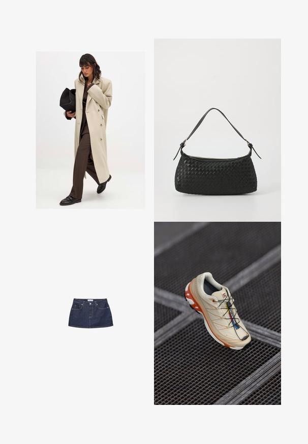 Beżowy płaszcz dwurzędowy z złotymi guzikami, w połączeniu z brązowym garniturem i czarnymi płaskimi butami; trzymając czarną kopertówkę.; Jasnoszary sweter z dzianiny z okrągłym dekoltem, opadającymi ramionami i długimi rękawami. Miła w dotyku faktura z prążkowanym dołem i mankietami.; Jeansowa mini spódnica w ciemnoniebieskim kolorze, z dopasowanym pasem, przednimi kieszeniami i metalowym zapięciem. Gładka faktura i klasyczny krój.; Beżowe buty biegowe z pomarańczowymi akcentami, zaprojektowane z teksturowaną cholewką, czarną podeszwą i wbudowanymi sznurowadłami. Zawierają logo GORE-TEX.; Czarna, pleciona torba na ramię z gładkim skórzanym paskiem i zapięciem na zamek. Charakteryzuje się teksturowaną powierzchnią i zakrzywionym kształtem.