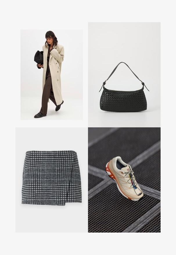 Beige dobbeltbrystet frakke med guldknapper, parret med en brun dragt og sorte flade sko; holder en sort clutch taske.; Lys grå strikket sweater med rund halsudskæring, sænkede skuldre og lange ærmer. Blød tekstur med ribbet kant og manchetter.; Uld mini nederdel med et sort og hvidt hundetandmønster, lige skæring med en let asymmetrisk kant og struktureret stof.; Beige løbesko med orange accenter, designet med en tekstureret overdel, sort ydersål og integrerede snørebånd. Har GORE-TEX branding.; Sort vævet skuldertaske med en glat læderrem og lynlåslukning. Har en tekstureret overflade og en buet form.