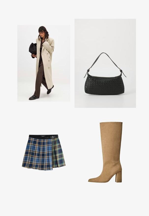 Beige dobbeltbrystet frakke med guldknapper, parret med en brun dragt og sorte flade sko; holder en sort clutch taske.; Lys grå strikket sweater med rund halsudskæring, sænkede skuldre og lange ærmer. Blød tekstur med ribbet kant og manchetter.; Plisseret miniskørt med tofarvede tern i blå, orange, grøn og marineblå, med en sort livrem og spænde.; Tan ruskinds knæhøje støvler med blokhæle, der har en spids tå og en glat overflade. Minimalistisk design uden udsmykninger.; Sort vævet skuldertaske med en glat læderrem og lynlåslukning. Har en tekstureret overflade og en buet form.