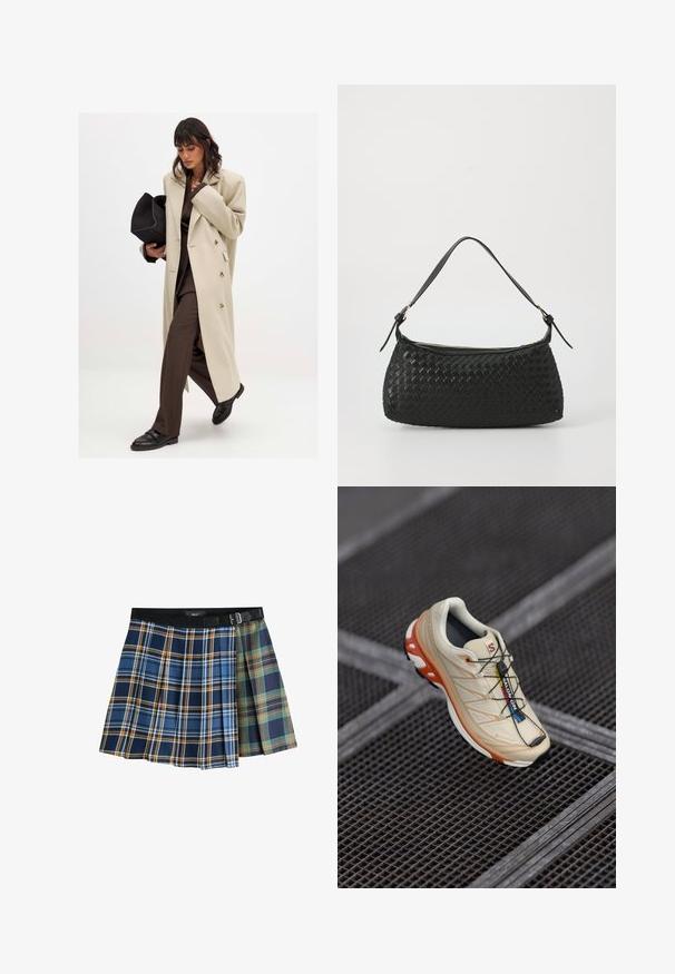 Manteau beige croisé avec des boutons dorés, associé à un costume marron et des chaussures plates noires ; tenant une pochette noire.; Pull en maille gris clair avec un col rond, des épaules tombantes et des manches longues. Texture douce avec un ourlet et des poignets côtelés.; Jupe mini plissée avec des motifs à carreaux bicolores en bleu, orange, vert et marine, dotée d'une ceinture en cuir noir et d'une boucle.; Baskets de course beiges avec des accents orange, conçues avec un dessus texturé, une semelle extérieure noire et des lacets intégrés. Présente un logo GORE-TEX.; Sac à épaule tissé noir avec une bandoulière en cuir lisse et une fermeture éclair. Présente une surface texturée et une forme courbée.