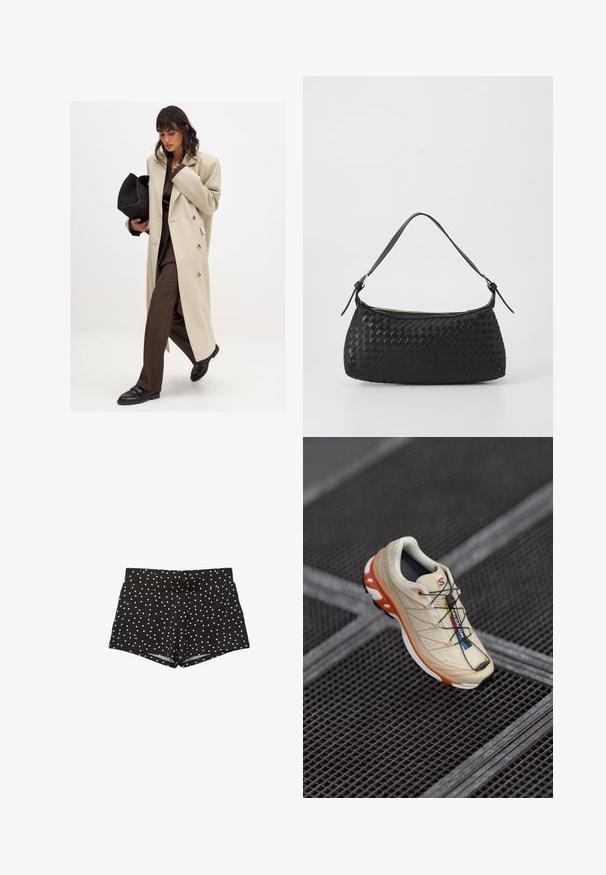 Beige dubbelknäppt kappa med guldfärgade knappar, kombinerad med en brun kostym och svarta platta skor; håller en svart clutchväska.; Ljusgrå stickad tröja med rund halsringning, sänkta axlar och långa ärmar. Mjuk textur med ribbad underkant och mudd.; Svarta högmidjade shorts med vita prickar, platt front och en figurnära silhuett, visade mot en vit bakgrund.; Beige löparskor med orange accenter, designade med en texturerad ovandel, svart sula och integrerade snören. Har GORE-TEX-logotyp.; Svart vävd axelväska med ett slätt läderhandtag och dragkedjestängning. Har en strukturerad yta och en böjd form.