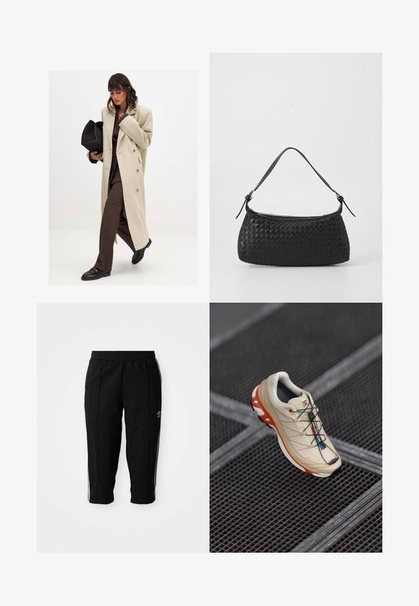 Bež plašč z dvojnim zapenjanjem in zlatimi gumbi, v kombinaciji s rjavim suknjičem in črnimi ravnimi čevlji; drži črno torbico.; Svetlo siva pletena pulover s okruglim izrezom, spuštenim ramenima in dolgimi rokavi. Mehka tekstura z rebrasto obrobo in manšetami.; Črne športne hlače z elastičnim pasom, stranskimi žepi na zadrgo in belimi poudarnimi črtami ob šivih. Narejene iz gladkega, trpežnega materiala.; Bežni tekaški čevelj z oranžnimi detajli, zasnovan z teksturiranim zgornjim delom, črnim podplatom in integriranimi vezalkami. Ima GORE-TEX oznako.; Črna tkana torba za ramo s gladkim usnjenim trakom in zadrgo. Ima teksturirano površino in ukrivljeno obliko.