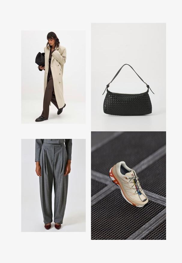 Cappotto beige doppiopetto con bottoni dorati, abbinato a un completo marrone e scarpe nere basse; con una borsa a mano nera.; Maglione lavorato a maglia grigio chiaro con scollo rotondo, spalle scese e maniche lunghe. Texture morbida con orlo e polsini a coste.; Pantaloni grigi su misura con pieghe, realizzati in un tessuto testurizzato. Presentano una vita alta e una vestibilità a gamba larga, abbinati a scarpe bordeaux.; Scarpa da corsa beige con accenti arancioni, progettata con una parte superiore testurizzata, suola nera e lacci integrati. Presenta il marchio GORE-TEX.; Borsa a spalla nera intrecciata con tracolla in pelle liscia e chiusura con zip. Presenta una superficie texturizzata e una forma curvata.