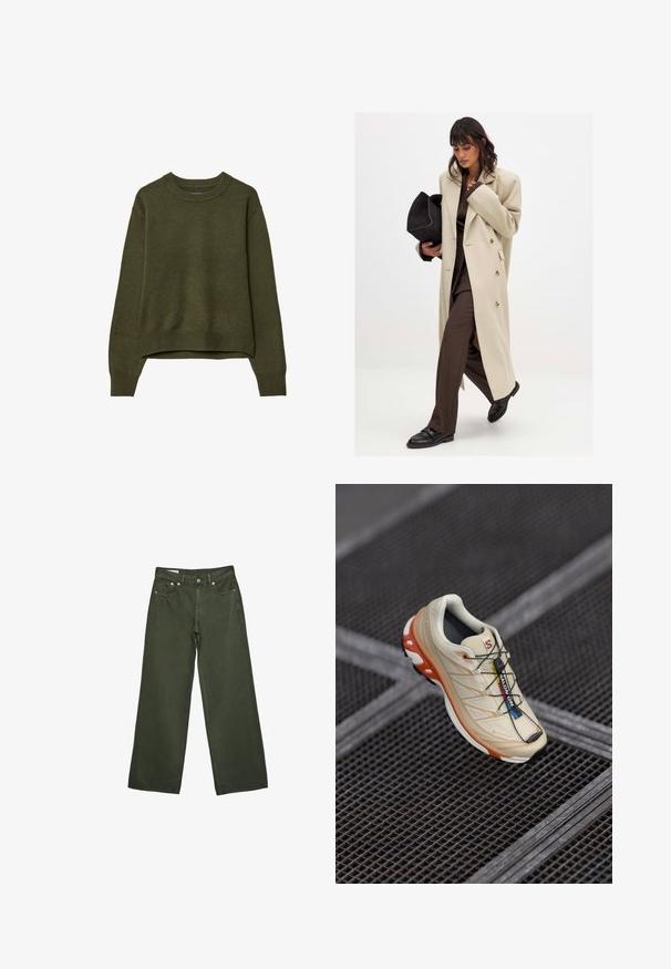 Manteau beige croisé avec des boutons dorés, associé à un costume marron et des chaussures plates noires ; tenant une pochette noire.; Pull en laine couleur olive avec un col rond, des manches longues et des bords côtelés, présenté sur un fond blanc.; Pantalons larges vert olive avec bouton à l'avant, fermeture éclair, passants de ceinture et design à cinq poches, exposés sur un fond blanc.; Baskets de course beiges avec des accents orange, conçues avec un dessus texturé, une semelle extérieure noire et des lacets intégrés. Présente un logo GORE-TEX.