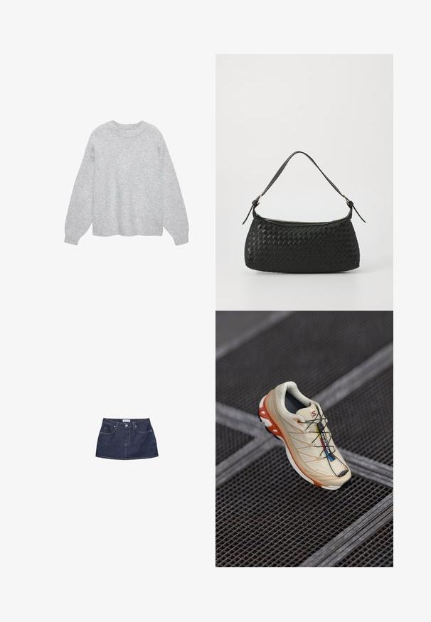 Béžový dvojradový kabát so zlatými gombíkmi, kombinovaný s hnedým oblekom a čiernymi plochými topánkami; drží čiernu kabelku.; Svetlo šedý pletený sveter s okrúhlym výstrihom, spustenými ramenami a dlhými rukávmi. Mäkko štruktúrovaný materiál s rebrovaným lemom a manžetami.; Džínová mini sukňa v tmavom modrom odtieni so priliehavým pásom, prednými vreckami a metalickou prackou. Hladká štruktúra a klasický strih.; Béžová bežecká obuv s oranžovými akcentmi, navrhnutá s textúrovaným zvrškom, čiernou podrážkou a integrovanými šnúrkami. Obsahuje značku GORE-TEX.; Čierna tkaná taška cez plece s hladkým koženým remienkom a zipsovým uzáverom. Disponuje štruktúrovaným povrchom a zakriveným tvarom.