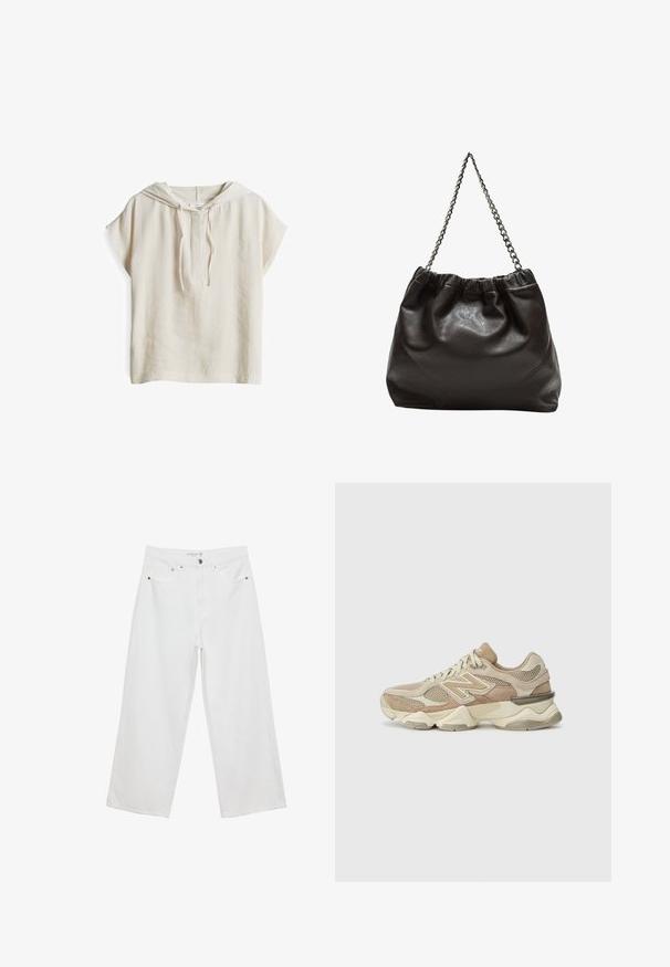Cappotto beige doppiopetto con bottoni dorati, abbinato a un completo marrone e scarpe nere basse; con una borsa a mano nera.; Maglietta corta a maniche corte beige con cappuccio e coulisse, presenta una vestibilità rilassata e un tessuto morbido e testurizzato, design semplice senza motivi o dettagli.; Jeans bianchi a gamba larga realizzati in denim con vita alta, dotati di cinque tasche e dettagli in metallo. Texture liscia, senza motivi visibili.; Scarpe da ginnastica beige con materiali in rete e suede, punta rotonda, suola spessa e notevoli dettagli riflettenti sui lati.; Borsa in pelle marrone con parte superiore arricciata e tracolla a catena. Texture liscia con finitura lucida e dettagli di cucitura sottili sui lati.