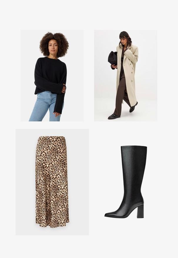 Beżowy płaszcz dwurzędowy z złotymi guzikami, w połączeniu z brązowym garniturem i czarnymi płaskimi butami; trzymając czarną kopertówkę.; Czarny sweter dzianinowy o teksturowanej tkaninie, luźny krój i szerokie rękawy, w połączeniu z jasnoniebieskimi dżinsami.; Długa spódnica w deseń panterkowy, wykonana z gładkiej tkaniny. Beżowa baza z czarnymi i brązowymi plamkami. Rozszerzany krój z prostym dołem.; Czarne, sięgające kolan botki wykonane z sztucznej skóry, o spiczastym nosku, gładkiej fakturze i masywnym obcasie. Minimalistyczny design bez widocznych akcentów.