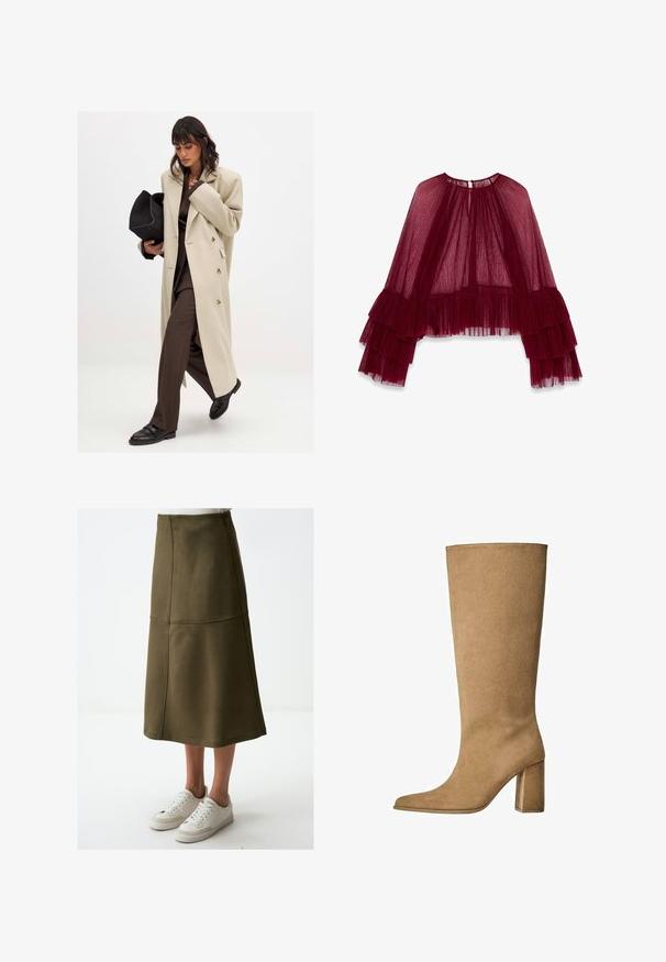 Beige dubbelzijdig jasje met gouden knopen, gedragen met een bruine pak en zwarte platte schoenen; houdend een zwarte clutch tas.; Bordeaux doorschijnende top met een hoge hals, gelaagd geplooid ontwerp en uitlopende mouwen met gerimpelde accenten. Gestructureerde stof.; Olijf groene midi rok met een zachte textuur, voorzien van gestikte naden en een gestroomlijnde A-lijnvorm, gecombineerd met witte sneakers.; Tan kleurige suède laarzen tot de knie met een blokhak, voorzien van een spitse neus en een gladde textuur. Minimalistisch ontwerp zonder versieringen.