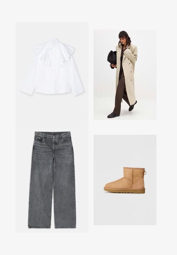 Beige dobbeltbrystet frakke med guldknapper, parret med en brun dragt og sorte flade sko; holder en sort clutch taske.; Hvid bomulds skjorte med en stor, flæset krave og lange ærmer, der har knaplukning foran og en lige silhuet.; Bredde ben jeans i mørkegrå denim. Har høj talje, fem lomme design og forneden knaplukning. Glat tekstur med subtil fading.; Brune suede ankelstøvle med rund tå, stikninger, en pull tab bagpå og en tekstureret gummisål. Designet til komfort og varme.