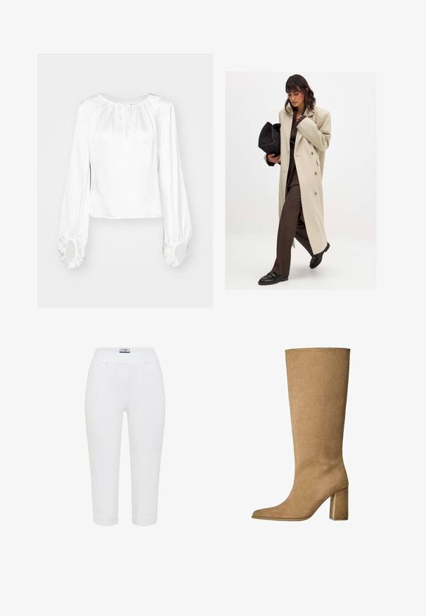 Beige double-breasted coat with gold buttons, paired with a brown suit and black flat shoes; holding a black clutch bag.; White long-sleeve blouse in smooth fabric, featuring a gathered neckline, drawstring detail, and elasticized cuffs with round openings.; White capri pants made of soft fabric, featuring a pull-on elastic waistband, five-pocket design, and stitched detailing at the hem.; Tan suede knee-high boot with a block heel, featuring a pointed toe and smooth texture. Minimalistic design with no embellishments.