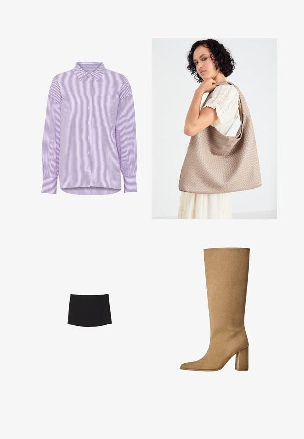 Beige dobbeltbrystet frakke med guldknapper, parret med en brun dragt og sorte flade sko; holder en sort clutch taske.; Lilla og hvid stribet langærmet skjorte med knaplukning foran og en enkelt brystlomme. Har en klassisk krave og en afslappet pasform.; Sort miniskørt lavet af glat, strækbart stof; har et lige snit med en subtil kant og ingen synlige lukkemekanismer eller mønstre.; Tan ruskinds knæhøje støvler med blokhæle, der har en spids tå og en glat overflade. Minimalistisk design uden udsmykninger.; Vævet beige tote taske med et afslappet design og en enkelt skulderrem. Har et struktureret mønster over hele overfladen.