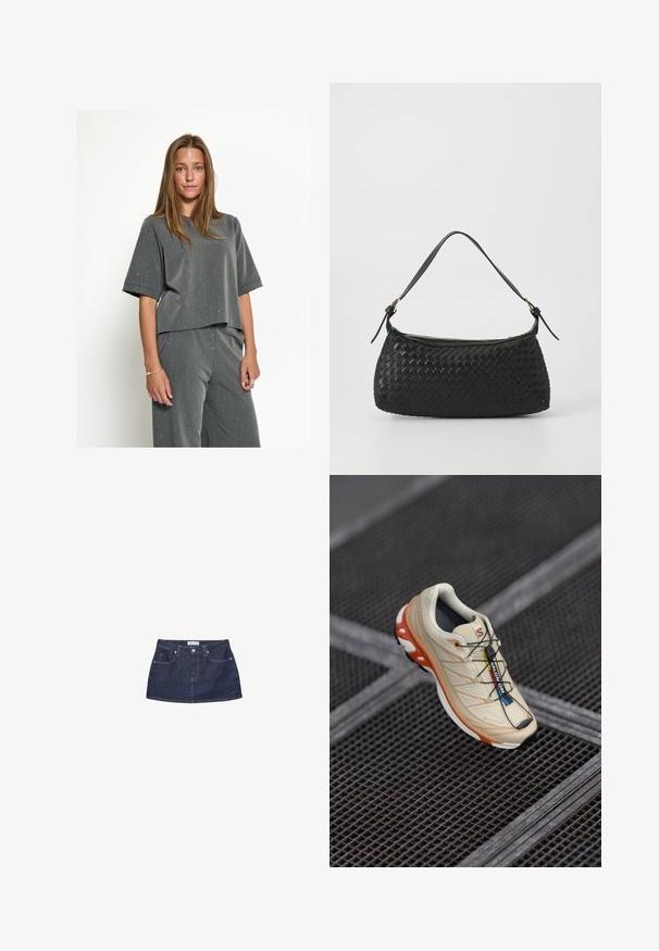 Beige double-breasted coat with gold buttons, paired with a brown suit and black flat shoes; holding a black clutch bag.; Gray cropped t-shirt with a round neckline, short sleeves, and a textured fabric featuring scattered white specks. Paired with matching loose pants.; Denim mini skirt in dark blue with a fitted waist, front pockets, and a metal button closure. Smooth texture and classic cut.; Beige running shoe with orange accents, designed with a textured upper, black outsole, and integrated laces. Features GORE-TEX branding.; Black woven shoulder bag with a smooth leather strap and zipper closure. Features a textured surface and curved shape.