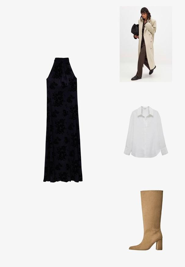 Beige double-breasted coat with gold buttons, paired with a brown suit and black flat shoes; holding a black clutch bag.; White long-sleeve shirt made of linen, featuring a classic collar, button front, and slightly loose fit with cuffed sleeves.; Long, halter-neck dress in dark navy fabric with a textured floral pattern. Flows softly from a fitted bodice to a full skirt.; Tan suede knee-high boot with a block heel, featuring a pointed toe and smooth texture. Minimalistic design with no embellishments.; Black leather handbag with a gold hardware accent, featuring a signature clasp, a detachable shoulder strap, and textured surface.