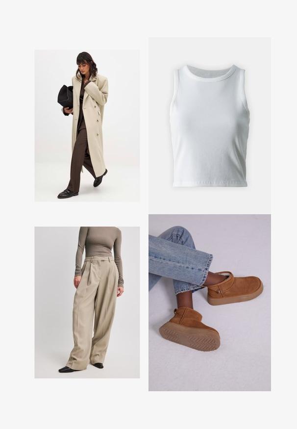 Abrigo beige de doble botonadura con botones dorados, combinado con un traje marrón y zapatos planos negros; sosteniendo un bolso de mano negro.; Top de tirantes blanco con textura acanalada, cuello redondo y diseño sin mangas, con un dobladillo recto y una textura suave y elástica.; NA-KD Pantalones - beige; Botines de ante marrón con forro acolchado, puntera redondeada y una suela de goma ligeramente gruesa que presenta un patrón de zigzag.