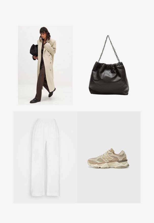 Beige Doppelreiher-Mantel mit goldenen Knöpfen, kombiniert mit einem braunen Anzug und schwarzen flachen Schuhen; hält eine schwarze Clutch.; Weißes ärmelloses Tanktop mit quadratischem Ausschnitt, glatter Textur und figurnahen Schnitt. Hergestellt aus leichtem Material.; Weiße, weite Hose aus leichtem, strukturiertem Stoff mit einem elastischen Bund. Sie hat einen lockeren Schnitt mit geraden Beinen und keine Taschen.; Beige Sport sneakers aus Mesh- und Wildledermaterialien, runde Zehenpartie, dicke Sohle und auffällige reflektierende Akzente an der Seite.; Braune Lederhandtasche mit gerafftem Oberteil und Kettenriemen. Glatte Textur mit glänzendem Finish und subtilen Nahtdetails an den Seiten.