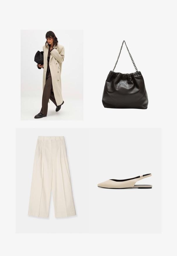 Bež plašč z dvojnim zapenjanjem in zlatimi gumbi, v kombinaciji s rjavim suknjičem in črnimi ravnimi čevlji; drži črno torbico.; Bela brezrokavna majica s kvadratnim izrezom, gladka tekstura in prilegajoča zasnova. Narejena iz lahkega materiala.; Hlače širokega kroja iz teksturiranega bež materiala. Imajo visok pas s pregibi, zanke za pas in čist, minimalističen dizajn.; Beige usnjeni slingback baletki s koničastim nosom, minimalistična zasnova, gladka tekstura in nizko črno podplato.; Rjava usnjena torba z nabranim vrhom in verižnim trakom. Gladka tekstura z sijajno površino in subtilnimi šivi na straneh.