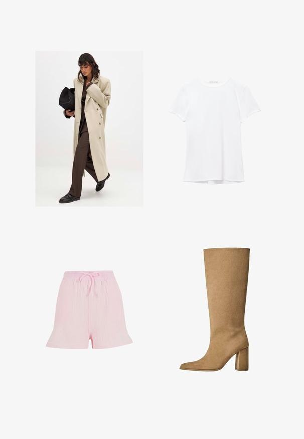 Beige kaksirivinen takki, jossa on kultaiset napit, yhdistetty ruskeaan pukuun ja mustiin tasapohjaisiin kenkiin; pitää mustaa laukkuclutchia.; Valkoinen lyhythihainen t-paita, joka on valmistettu sileästä kankaasta, ja jossa on pyöreä pääntie sekä hillityt ompelutiedot helmassa.; Vaaleanpunaiset lyhyet housut, jotka on valmistettu teksturoidusta kankaasta. Niissä on elastinen vyötärö, jossa on nyöri, sekä rento, levenevä siluetti.; Vaaleanruskeat mokka pitkävartiset saappaat, joissa on loiva korko, terävä kärki ja sileä pinta. Minimalistinen muotoilu ilman koristeita.