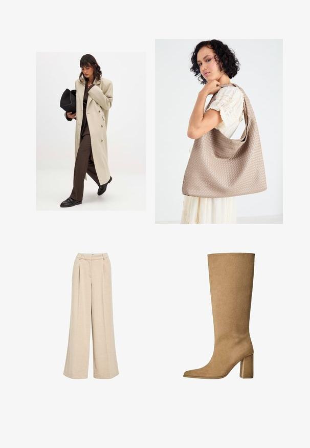 Manteau beige croisé avec des boutons dorés, associé à un costume marron et des chaussures plates noires ; tenant une pochette noire.; Haut à manches longues et col rond de couleur crème, fabriqué en tissu doux. Présente une coupe droite et un design minimaliste sans embellissements.; Pantalons larges beige clair en tissu texturé, avec une taille haute, des plis avant et des poches latérales pour plus de fonctionnalité.; Botte en daim beige montant jusqu'au genou avec un talon carré, dotée d'un bout pointu et d'une texture lisse. Design minimaliste sans embellissements.; Sac fourre-tout tissé beige avec un design décontracté et une seule sangle pour l'épaule. Présente un motif texturé sur toute la surface.