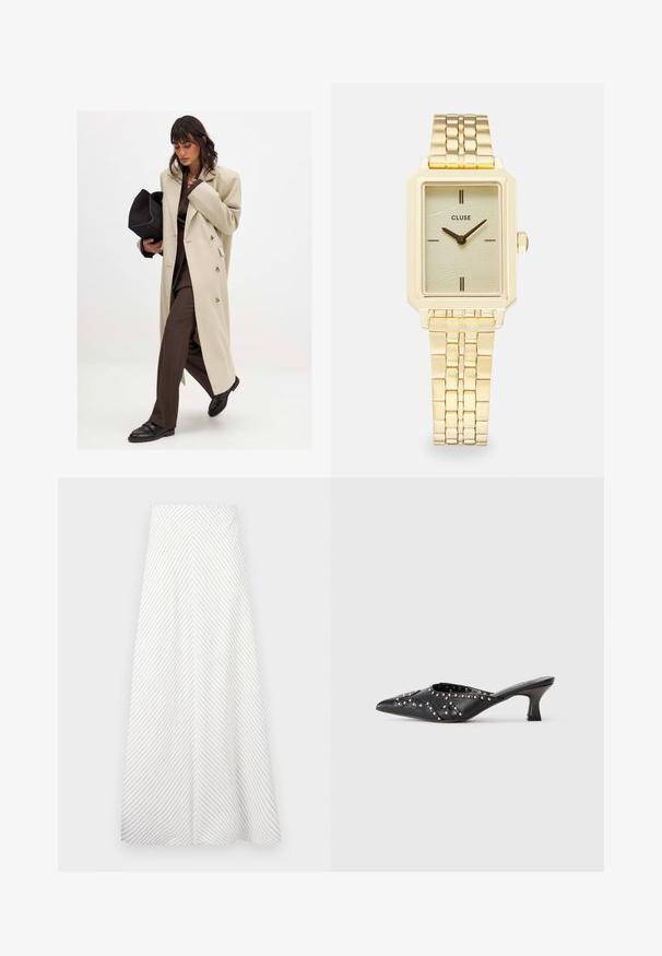 Manteau beige croisé avec des boutons dorés, associé à un costume marron et des chaussures plates noires ; tenant une pochette noire.; Bustier noir avec bretelles spaghetti réglables, présentant un motif en léopard texturé et un design structuré à panneaux.; Jupe blanche à rayures diagonales bleu marine, au design fluide et à la texture douce. Présente une taille haute et une forme ample en A.; Mule pointue en cuir noir avec des motifs décoratifs cloutés et un petit talon kitten angulé.; Montre-bracelet rectangulaire en or avec un cadran vert clair texturé, deux marqueurs d'heure noirs, un bracelet en métal doré et un design minimaliste.