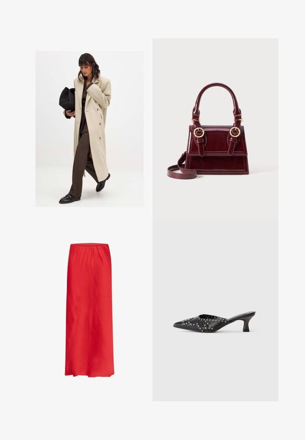 Cappotto beige doppiopetto con bottoni dorati, abbinato a un completo marrone e scarpe nere basse; con una borsa a mano nera.; Bustier nero con spalline regolabili, caratterizzato da un motivo a stampa leopardata testurizzata e da un design a pannelli strutturati.; Gonna maxi rossa realizzata in tessuto leggero, con vita elastica e un design morbido e fluente. Senza fantasie né decorazioni.; Mule nera in pelle a punta con motivi decorativi borchiati e un tacco kitten angolato e corto.; Borsa in pelle verniciata borgogna con doppi manici superiori, dettagli in metallo dorato e tracolla rimovibile. Forma rettangolare con cuciture a contrasto.; Orologio da polso rettangolare dorato con quadrante verde chiaro testurizzato, due indicatori delle ore neri, bracciale in metallo dorato e un design minimalista.