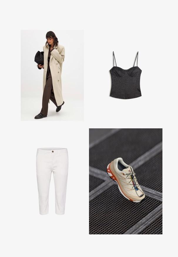 Beige kaksirivinen takki, jossa on kultaiset napit, yhdistetty ruskeaan pukuun ja mustiin tasapohjaisiin kenkiin; pitää mustaa laukkuclutchia.; Mustat bustierit, joissa on säädettävät spagettiolkaimet, joissa on karheaa leopardikuosisuunnittelua ja jäsennelty paneelirakenne.; Valkoiset lyhennetyt housut, jotka ovat puuvillaa ja joissa on nappisulku. Niissä on etutaskut ja sileä pinta. Yksinkertainen muotoilu ja suora leikkaus.; Vaaleanbeige juoksukengät, joissa on oransseja yksityiskohtia. Suunniteltu tekstuurilla varustetulla yläosalla, mustalla pohjalla ja integroiduilla nauhoilla. Varustettu GORE-TEX -merkinnällä.