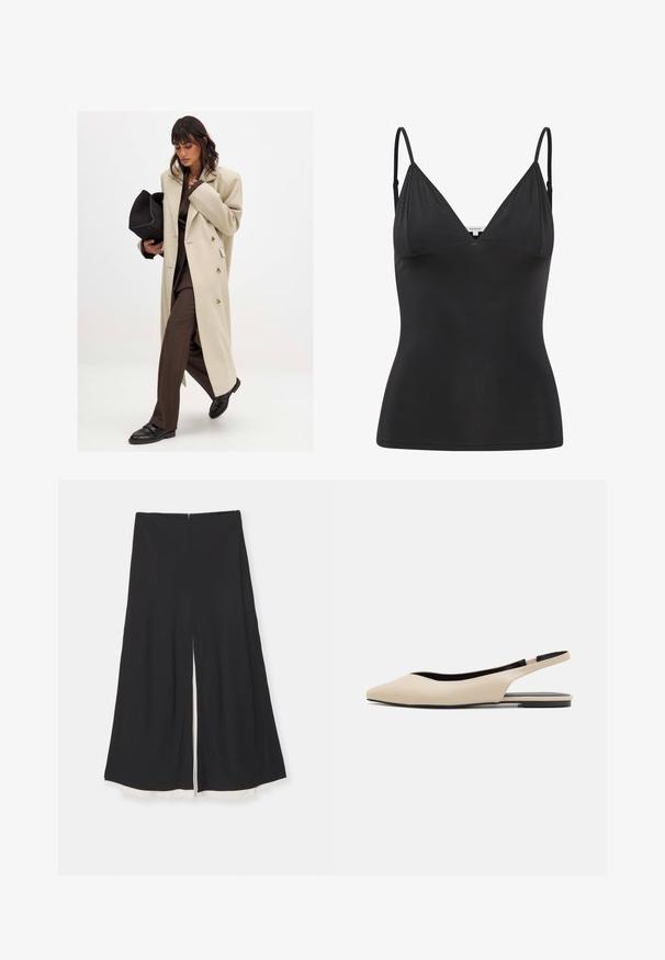 Beež mantli, millel on kuldsed nööbid ja mis on ülikonnaga sobitatud, millel on pruun värv ja mustad lamejalatsid; käes must käekott.; Mustmust, kohandatavad peened rihmad, V-kujulise kaelusega, õmblusteta disainiga ja sileda tekstuuriga. Valmistatud pehmest, venivast materjalist.; Mustad lai säärepüksid esiseguga, millel on sile tekstuur ja kontrastne valge vooder alläärtes. Selja lukuga sulgemine.; Beezid nahkist slingback tossud terava ninaga, minimalistlik disain, sile tekstuur ja madal must tald.