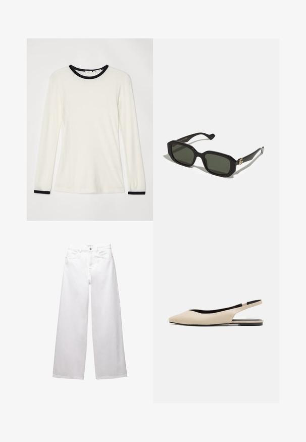 Cappotto beige doppiopetto con bottoni dorati, abbinato a un completo marrone e scarpe nere basse; con una borsa a mano nera.; Camicia a maniche lunghe in tessuto avorio con collo rotondo nero e dettagli sui polsini. Texture morbida, design aderente con una finitura liscia.; Jeans bianchi a gamba larga realizzati in denim. Presentano chiusura con bottone, tasche anteriori e posteriori, e cuciture rinforzate. Tessuto liscio con dettagli minimi.; Décolleté in pelle beige con punta affusolata, design minimalista, texture liscia e suola nera bassa.; Occhiali da sole rettangolari neri con lenti verdi opache, caratterizzati da una finitura lucida e una finitura in oro con logo laterale.; Borsa plissettata gialla in morbida pelle ecologica, con una forma morbida, una sola tracolla e un design superiore arricciato.