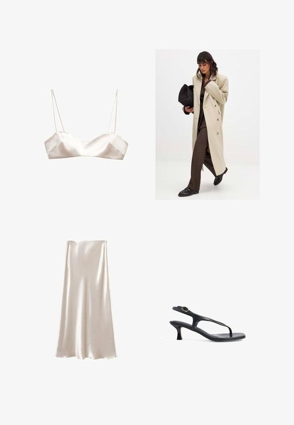 Beige double-breasted coat with gold buttons, paired with a brown suit and black flat shoes; holding a black clutch bag.; Satin bralette in light ivory, featuring thin straps, a structured design, and slight V-shape at the front, with a smooth texture.; Satin midi skirt in cream, featuring a smooth, glossy texture and an A-line silhouette. Plain design with no additional embellishments.; Black leather sandal with a slim design, thin straps, and a small heel. Features a buckle accent and a smooth textured footbed.