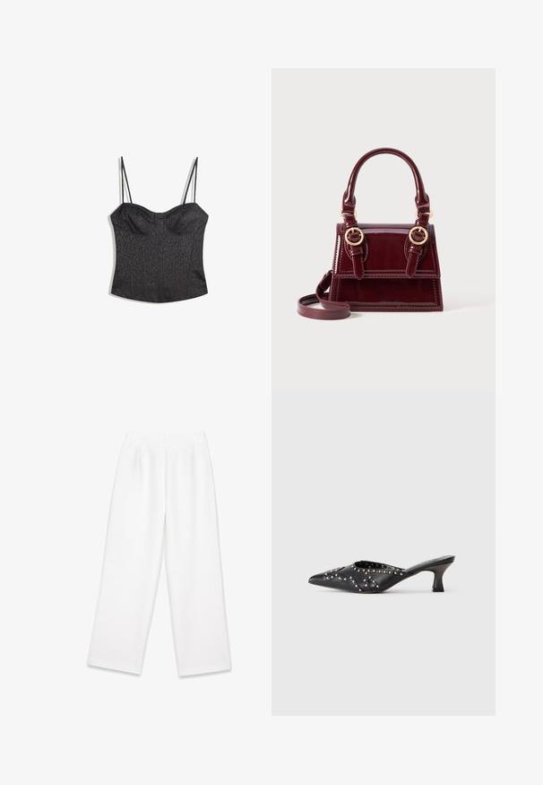 Beżowy płaszcz dwurzędowy z złotymi guzikami, w połączeniu z brązowym garniturem i czarnymi płaskimi butami; trzymając czarną kopertówkę.; Czarny gorset z regulowanymi cienkimi ramiączkami, ozdobiony teksturowanym wzorem w panterkę oraz strukturalnym panelem.; Białe, szerokie spodnie z gładkiego materiału, z przodu z zakładkami, zapinane na zamek błyskawiczny, z paskami na pasek. Brak widocznych wzorów lub akcentów.; Czarne skórzane mule ze szpiczastym noskiem, zdobione wszytymi wzorami i krótkim, ukośnie ustawionym obcasem typu kitten.; Burgundowy lakierowany skórzany torebka z podwójnymi uchwytami u góry, złotymi akcentami i odpinanym paskiem na ramię. Prostokątny kształt z kontrastowym przeszyciem.; Złoty prostokątny zegarek na rękę z teksturowaną, jasnoskalną tarczą, dwoma czarnymi znacznikami godzin, złotą bransoletą i minimalistycznym designem.