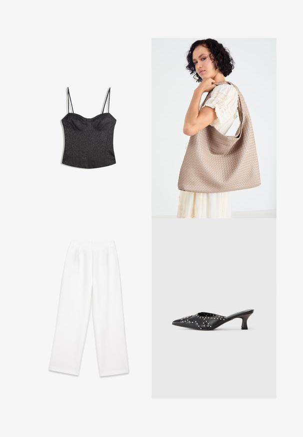 Beige dubbelzijdig jasje met gouden knopen, gedragen met een bruine pak en zwarte platte schoenen; houdend een zwarte clutch tas.; Zwarte bustier met verstelbare spaghetti bandjes, voorzien van een gestructureerd panterprintpatroon en een gestructureerd paneelontwerp.; Witte wijde broekspijpen met een gladde textuur, voorzien van voorplooien, een ritsluiting en riemlussen. Geen zichtbare patronen of accenten.; Zwarte leren puntige muiltjes met gestifte decoratieve patronen en een korte, schuine kittenhak.; Geweven beige draagtas met een slungelige vorm en een enkele schouderband. Kenmerkt zich door een textuurpatroon over het hele oppervlak.