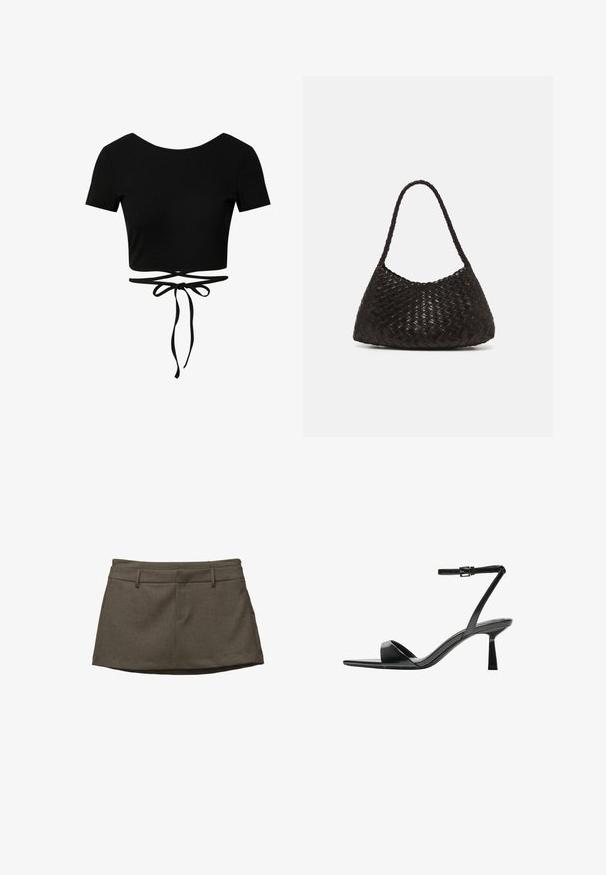 Beige dubbelzijdig jasje met gouden knopen, gedragen met een bruine pak en zwarte platte schoenen; houdend een zwarte clutch tas.; Zwart cropped top met een geribbelde textuur, ronde halslijn, korte mouwen en een tailleband met twee lange, hangende linten voor aanpassing.; Bruine rok met een getailleerd ontwerp, voorzien van riemlusjes, twee voorzakken en een gestructureerde stof. De zoom is iets gebogen.; Bershka Sandalen met hoge hak - black; DRAGON DIFFUSION ROSANNA - Handtas - dark brown