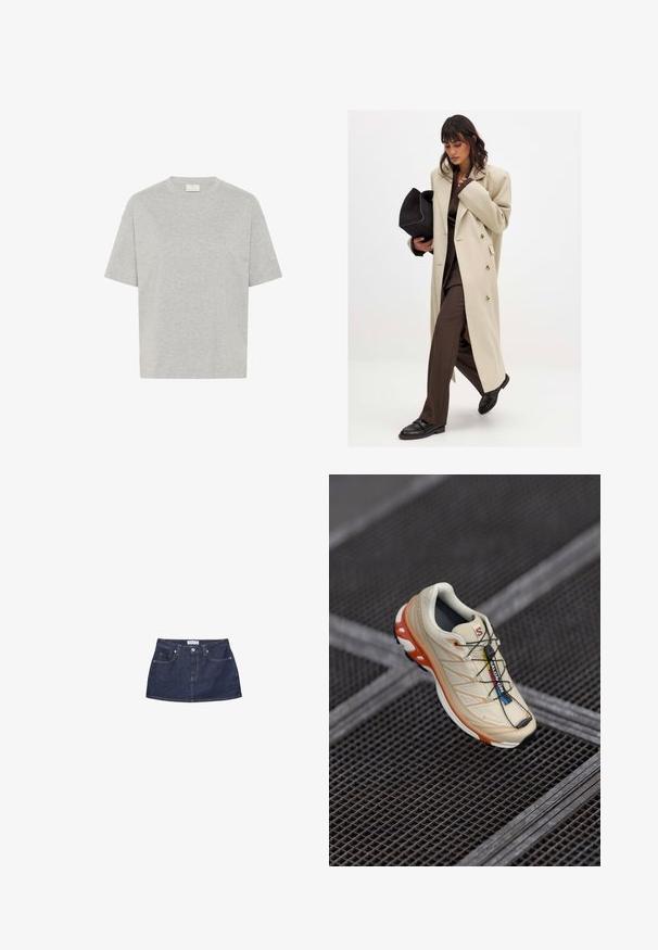 Beige double-breasted coat with gold buttons, paired with a brown suit and black flat shoes; holding a black clutch bag.; Kaffe TOMINA - Basic T-shirt - grey melange; Denim mini skirt in dark blue with a fitted waist, front pockets, and a metal button closure. Smooth texture and classic cut.; Beige running shoe with orange accents, designed with a textured upper, black outsole, and integrated laces. Features GORE-TEX branding.