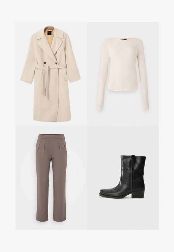 Beige wool blend double-breasted coat with large lapels, two buttons, front pockets, and a matching belt. Lined in a lighter tone.; Long-sleeve, light beige top with a round neckline. Made of soft fabric, features a central seam and slightly curved hem. No visible hardware.; Taupe loose-fit trousers with elastic waistband and front pleats, made from smooth fabric.; Black leather ankle boot with a rounded toe, block heel, side zipper, and stitching accents on the vamp. Smooth texture, classic design.