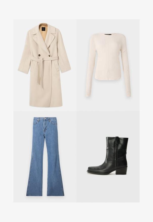 Beige uldblanding dobbeltradet frakke med store klapper, to knapper, forlommer og et matchende bælte. Foret i en lysere nuance.; Langærmet, lys beige top med rund halsudskæring. Lavet af blødt stof, har en central søm og let buet kant. Der er ingen synlige metaldele.; Lyseblå denim flared jeans med høj talje, der har et klassisk fem-lomme design og kontrastsyninger langs sømmene.; Sort læder ankelstøvle med rundt tå, blokhæl, lynlås i siden og stikninger på vampsiden. Glat tekstur, klassisk design.
