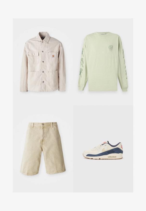 Bežna delovna jakna iz trpežnega blaga, z zapenjanjem na gumb, dvema žepoma na prsih in logotipno nalepko na levem žepu.; Bela majica iz bombaža s dolgimi rokavi v svetlo zeleni barvi, ki ima majhen logotip na prsih in abstraktne vzorce ob rokavih v temno zeleni barvi.; Bež traper kratke hlače s ravnim krojem, pet žepov, sprednjim gumbom in zadrgo ter subtilnim zbledelostjo na tkanini.; Tenisice z zgornjim delom iz krem usnja in mornarsko modrega semiša, s prozornim zračnim podplatom, bež gumijastim podplatom in rdečim poudarkom na peti.