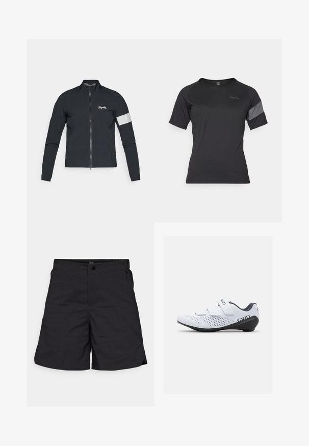 Rapha WOMENS CORE RAIN JACKET - Větrovka - black/white; Černé krátké sportovní tričko s krátkým rukávem vyrobené z materiálu, který odvádí vlhkost, s textura šedým akcentem na rameni a jemným logem značky.; Černé šortky vyrobené z lehkého materiálu, s knoflíkovým zapínáním a dvěma bočními kapsami. Jednoduchý design s čistými liniemi a minimálním zdobením.; Giro STYLUS - Cyklistické boty - white