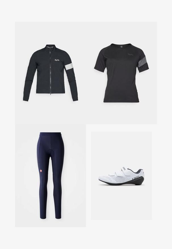 Rapha WOMENS CORE RAIN JACKET - Vetrovka - black/white; Čierne športové tričko s krátkym rukávom vyrobené z materiálu s odvodom vlhkosti, s textúrovaným šedým akcentom na pleci a jemným logom značky.; Námornícky modré dlhé cyklistické nohavice s polstrovaným sedadlom a malým červeným logom na ľavom stehne.; Giro STYLUS - Cyklistická obuv - white