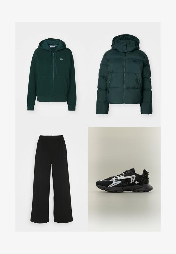 Giacca a vento verde con colletto alto, chiusura con zip sul davanti e tasche laterali. Presenta un logo del marchio discreto sul petto e un cappuccio.; Felpa verde con zip realizzata in tessuto morbido, caratterizzata da una tasca a marsupio, polsini a coste e un piccolo logo ricamato sul petto.; T-shirt bianco in cotone con scollo rotondo, maniche corte, taglio dritto e texture liscia. Nessun motivo o decorazione.; Pantaloni neri a gamba larga con vita elasticizzata. Realizzati in un materiale morbido e leggero. Presentano cuciture verticali sul davanti.; Scarpe sportive nere con pannelli in rete, dettagli in argento e sovrapposizioni nere texturizzate. Dotate di lacci e di una suola curvata e resistente.