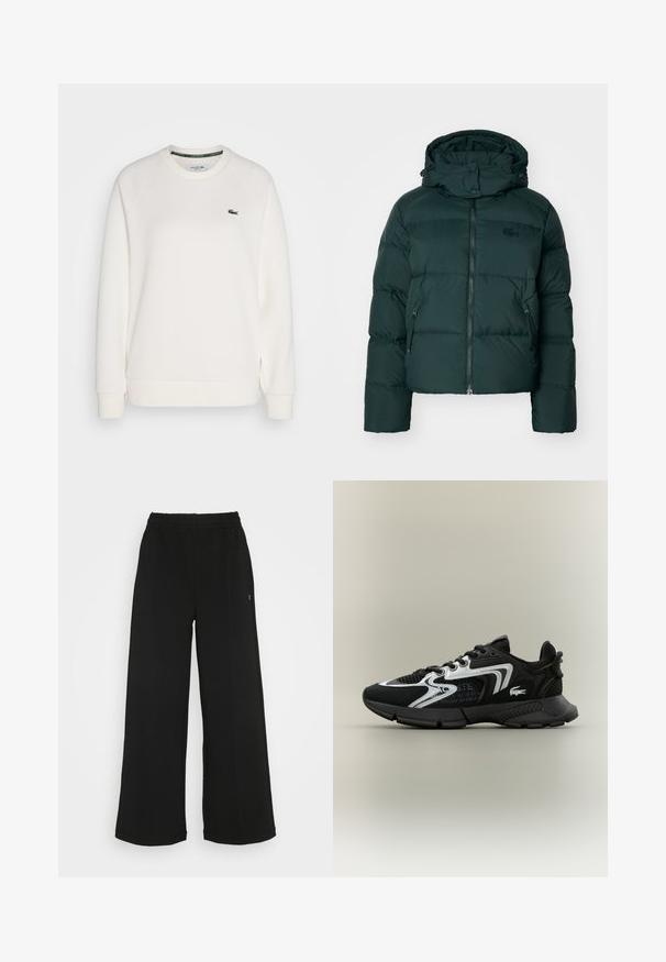 Giacca a vento verde con colletto alto, chiusura con zip sul davanti e tasche laterali. Presenta un logo del marchio discreto sul petto e un cappuccio.; Felpa bianca in cotone con polsini e orlo a costine. Presenta un collo rotondo e il logo verde di Lacoste sul colletto. Vestibilità classica.; Pantaloni neri a gamba larga con vita elasticizzata. Realizzati in un materiale morbido e leggero. Presentano cuciture verticali sul davanti.; Scarpe sportive nere con pannelli in rete, dettagli in argento e sovrapposizioni nere texturizzate. Dotate di lacci e di una suola curvata e resistente.
