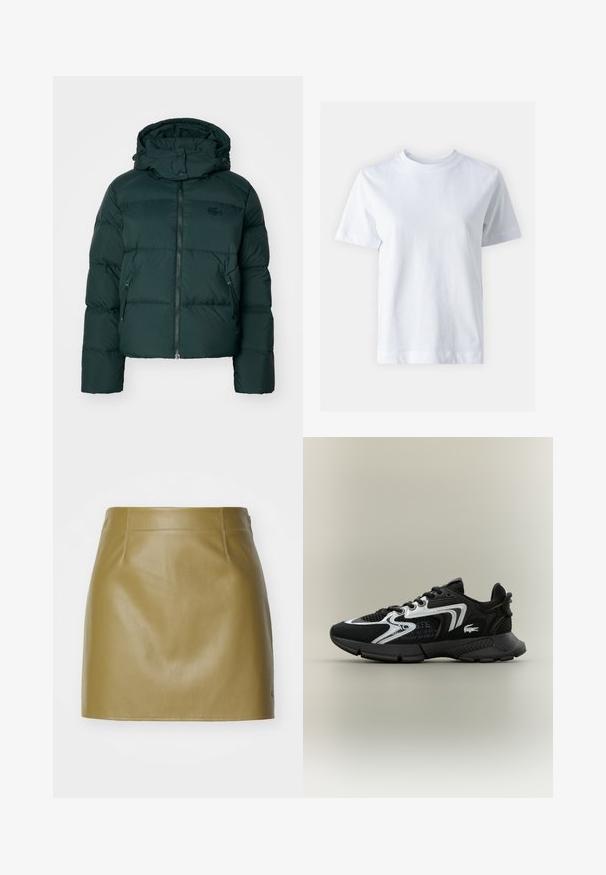 Zöld puffernadrág magas nyakkal, cipzáros elejével és oldalsó zsebekkel. Diszkrét márkalogó található a mellrészen és kapucnival rendelkezik.; Fehér pamut póló kerek nyakkal, rövid ujjal, egyenes szabással és sima textúrával. Nincsenek minták vagy díszítések.; Olívazöld bőr mini szoknya sima textúrával, két elülső varrással és egyenes szabással, minimalista varrási részletekkel.; Fekete sportcipők hálós betétekkel, ezüst díszítésekkel és textúrált fekete borítással. Fűzővel és ívelt, masszív talppal rendelkezik.
