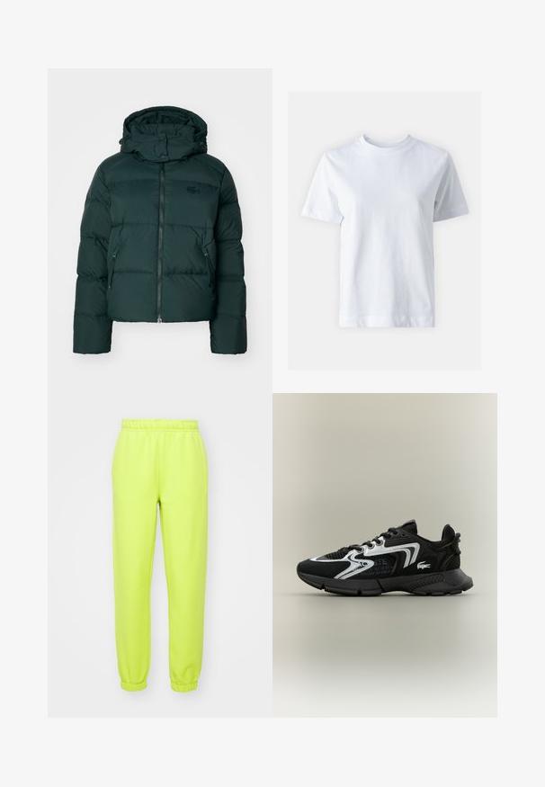Grøn pufferjakke med høj krave, lynlås foran og sidelommer. Har et diskret mærke logo på brystet og en hætte.; Hvid bomulds t-shirt med rund halsudskæring, korte ærmer, lige snit og glat tekstur. Ingen mønstre eller dekorationer.; Neon grønne sweatpants med elastisk talje, snævre afslutninger og en blød, glat tekstur. Velegnet til afslappet brug eller træning.; Sorte atletiske sko med mesh-paneler, sølvfarvede accenter og strukturerede sorte overlays. Har snørebånd og en buet, robust ydersål.