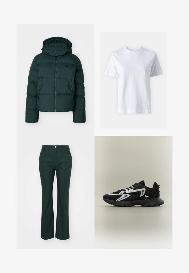 Zöld puffernadrág magas nyakkal, cipzáros elejével és oldalsó zsebekkel. Diszkrét márkalogó található a mellrészen és kapucnival rendelkezik.; Fehér pamut póló kerek nyakkal, rövid ujjal, egyenes szabással és sima textúrával. Nincsenek minták vagy díszítések.; Zöld, harang szabású nadrág sima, strukturált anyagból. Elöl gombos záródással, övhurkokkal és két oldalsó zsebből áll.; Fekete sportcipők hálós betétekkel, ezüst díszítésekkel és textúrált fekete borítással. Fűzővel és ívelt, masszív talppal rendelkezik.