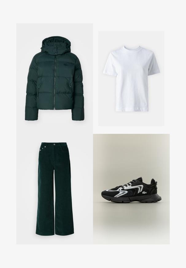 Zelená péřová bunda s vysokým límcem, zipem vpředu a bočními kapsami. Disponuje decentním logem značky na hrudi a kapucí.; Bílá bavlněná tričko s kulatým výstřihem, krátkými rukávy, rovnym střihem a hladkou strukturou. Bez vzorů a ozdob.; Široké zkracované kalhoty z kordové tkaniny v tmavě zelené barvě, s texturovaným povrchem, předními kapsami a kovovým zapínáním na knoflík. Žádné viditelné ozdoby.; Černé sportovní boty s mesh panely, stříbrnými akcenty a texturovanými černými překryvy. Obsahují šňůrky a zakřivenou, robustní podešev.
