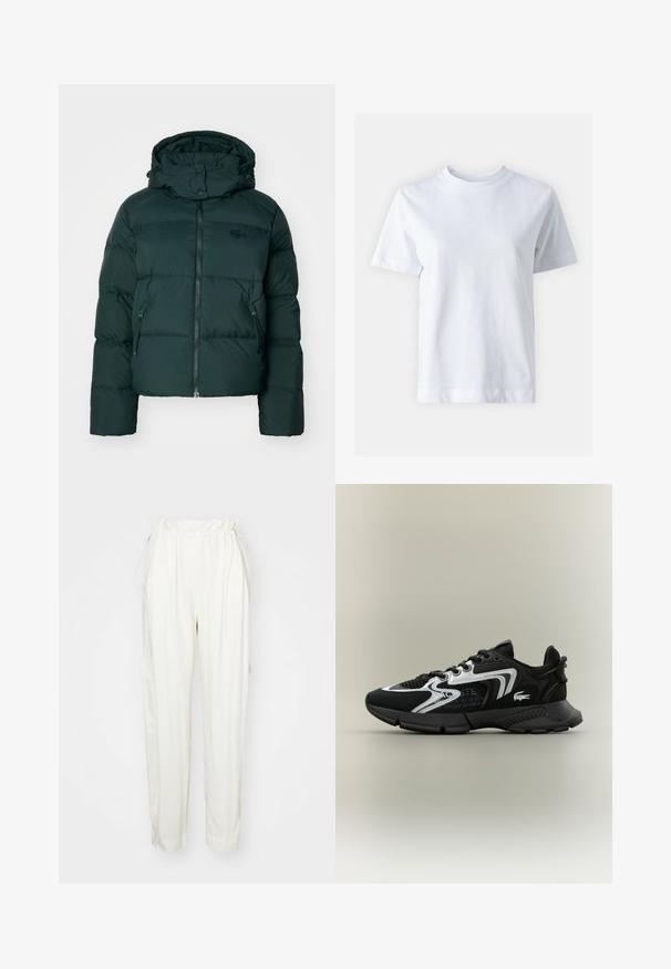 Zöld puffernadrág magas nyakkal, cipzáros elejével és oldalsó zsebekkel. Diszkrét márkalogó található a mellrészen és kapucnival rendelkezik.; Fehér pamut póló kerek nyakkal, rövid ujjal, egyenes szabással és sima textúrával. Nincsenek minták vagy díszítések.; Krém színű nadrág, húzózsinórral a deréknál, oldalsó zsebekkel és laza fazonnal. Puha anyagból készült, sima felülettel.; Fekete sportcipők hálós betétekkel, ezüst díszítésekkel és textúrált fekete borítással. Fűzővel és ívelt, masszív talppal rendelkezik.