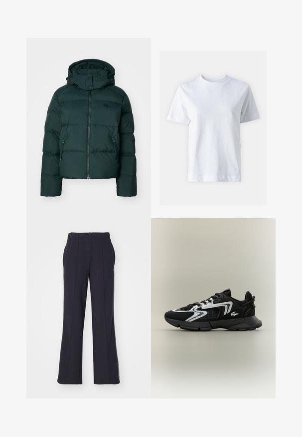 Zeleni puffer jakna s visokim ovratnikom, zatvorenim prednjim dijelom i bočnim džepovima. Ima suptilan logotip branda na prsima i kapuljaču.; Bjela pamučna majica s okruglim izrezom, kratkim rukavima, ravnim krojem i glatkom teksturom. Bez uzoraka ili ukrasa.; Lacoste Donji dijelovi trenirke - abysm; Crne atletske tenisice s mrežastim panelima, srebrnim detaljima i teksturiranim crnim vijencima. Imaju vezice i zakrivljeni, čvrsti potplat.
